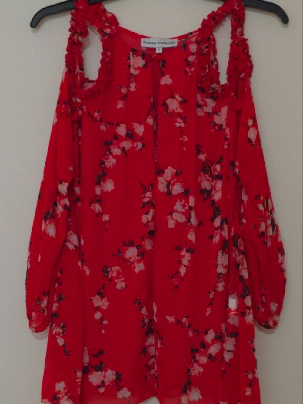 Karina Grimaldi Daisy Red Floral Ruffle Cold Shoulder Blouse Top S EUC Revolve